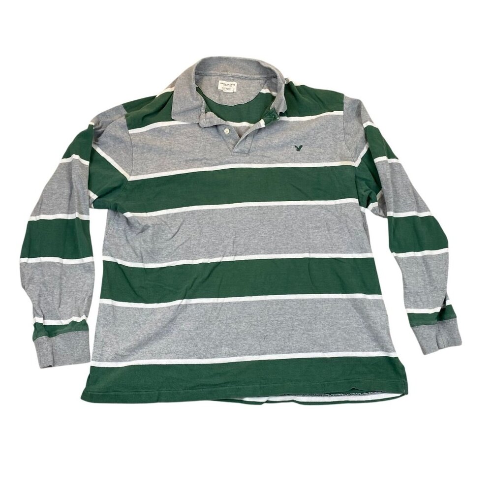 American Eagle Outfitters Men's Rugby Shirt Size XL Striped Long Sleeve Gray
